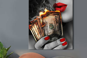 Картина KIL Art для интерьера в гостиную спальню Деньги - Горящие деньги и красные губы 107x80 см (P0445)