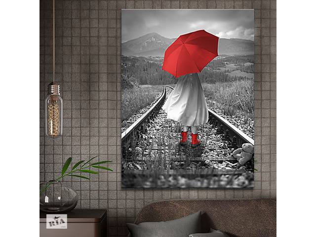 Картина KIL Art для интерьера в гостиную спальню Девушка - Девушка с красным зонтиком и ботинками 80x60 см (P0500)