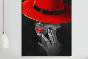 Картина KIL Art для интерьера в гостиную спальню Девушка - Девушка в красной шляпе с красным губами 80x60 см (P0502)