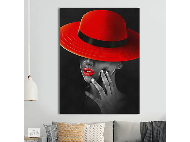 Картина KIL Art для интерьера в гостиную спальню Девушка - Девушка в красной шляпе с красным губами 107x80 см (P0502)