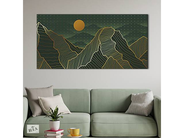 Картина KIL Art для интерьера в гостиную спальню Горы - Зеленые скалы и солнце 50x25 см (K0035_M)