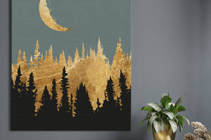 Картина KIL Art для интерьера в гостиную спальню Лес - Золотые деревья и Луна 80x60 см (P0428)