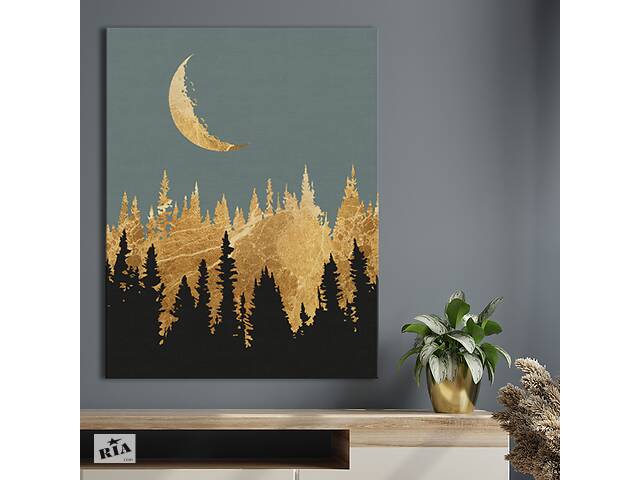 Картина KIL Art для интерьера в гостиную спальню Лес - Золотые деревья и Луна 80x60 см (P0428)