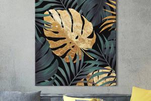 Картина KIL Art для интерьера в гостиную спальню Листья - Золотые и зеленые листья 80x60 см (P0422)