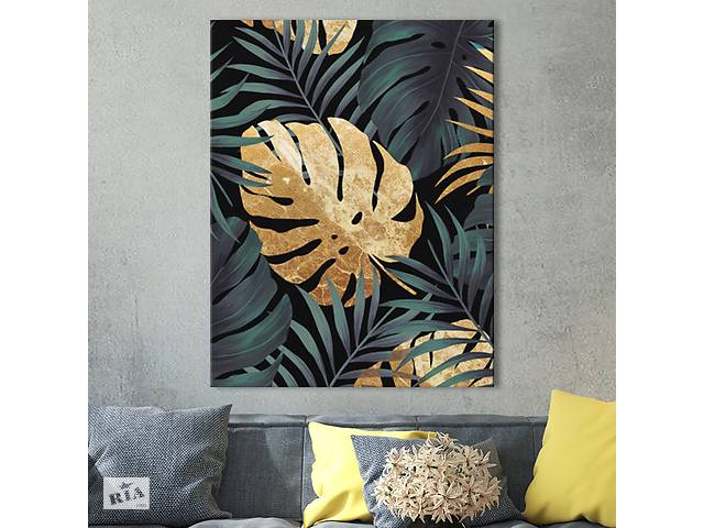 Картина KIL Art для интерьера в гостиную спальню Листья - Золотые и зеленые листья 80x60 см (P0422)