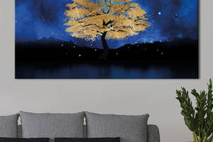 Картина KIL Art для интерьера в гостиную спальню Ночь - Золотое дерево и звездное небо 80x40 см (K0010_L)
