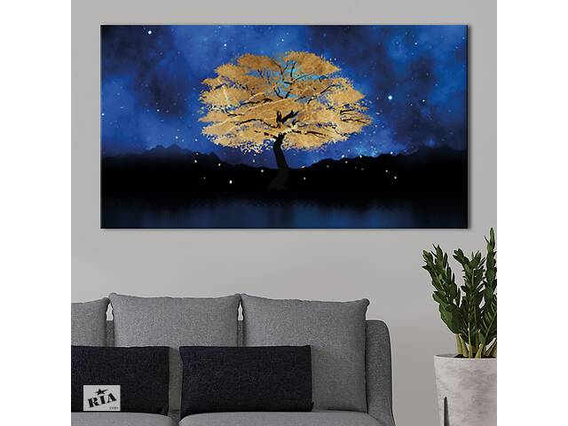 Картина KIL Art для интерьера в гостиную спальню Ночь - Золотое дерево и звездное небо 160x80 см (K0010_XL)