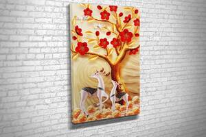 Картина KIL Art для интерьера в гостиную спальню Олени и красные цветы 80x54 см (487)