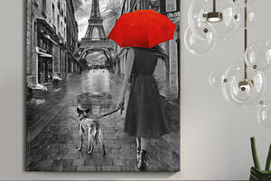 Картина KIL Art для интерьера в гостиную спальню Париж - Девушка с собакой и красным зонтом 80x60 см (P0503)