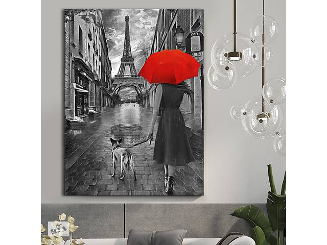Картина KIL Art для интерьера в гостиную спальню Париж - Девушка с собакой и красным зонтом 80x60 см (P0503)