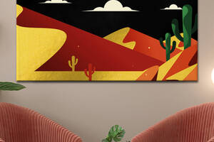 Картина KIL Art для интерьера в гостиную спальню Пейзаж - Кактусы в ночной пустыне 50x25 см (K0017_M)