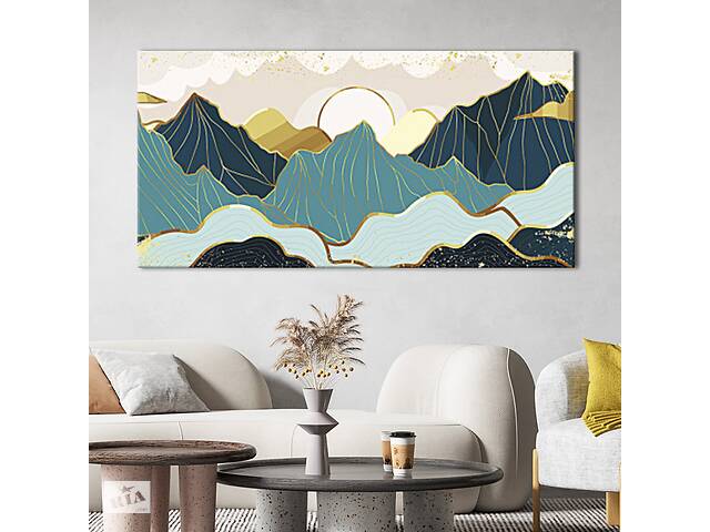 Картина KIL Art для интерьера в гостиную спальню Пейзаж - Синезолотые горы на закате 50x25 см (K0044_M)