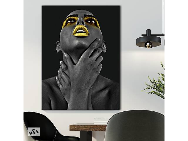 Картина KIL Art для интерьера в гостиную спальню Портрет - Девушка с золотыми губами 80x60 см (P0517)