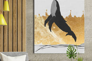 Картина KIL Art для интерьера в гостиную спальню Рыбы - Кит в золотом море 50x38 см (P0415)