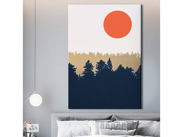 Картина KIL Art для интерьера в гостиную спальню Закат - Оранжевое солнце в лесу 50x38 см (P0406)