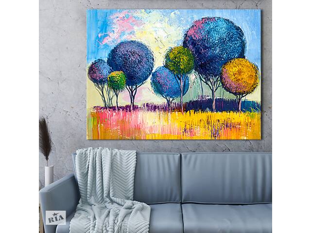 Картина KIL Art для интерьера в гостиную спальню Живопись -Круглые синие деревья 80x60 см (P0515)