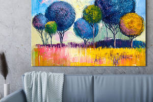 Картина KIL Art для интерьера в гостиную спальню Живопись -Круглые синие деревья 107x80 см (P0515)