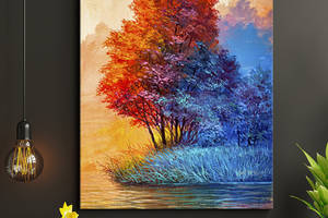 Картина KIL Art для интерьера в гостиную спальню Живопись - Оранжево-синее дерево 80x60 см (P0516)