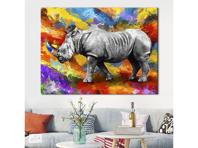 Картина KIL Art для интерьера в гостиную спальню Животные - Чёрно-белый носорог на разноцветном фоне 80x60 см (P0505)
