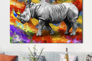 Картина KIL Art для интерьера в гостиную спальню Животные - Чёрно-белый носорог на разноцветном фоне 107x80 см (P0505)