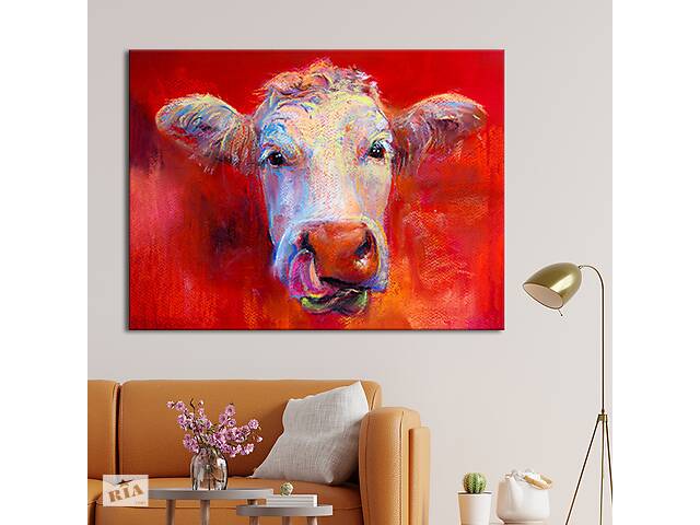Картина KIL Art для интерьера в гостиную спальню Животные - Корова на красном фоне 80x60 см (P0520)