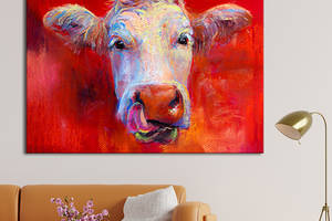 Картина KIL Art для интерьера в гостиную спальню Животные - Корова на красном фоне 107x80 см (P0520)