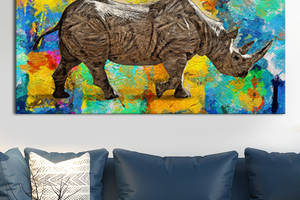 Картина KIL Art для интерьера в гостиную спальню Животные - Носорог на разноцветном фоне 50x25 см (K0037_M)