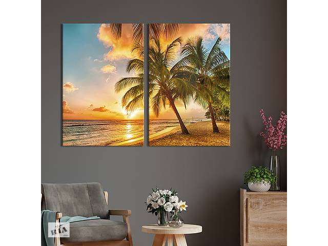 Картина на холсте для интерьера KIL Art диптих Райские пальмы на берегу моря 165x122 см (461-2)