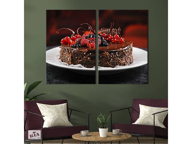 Картина на холсте для интерьера KIL Art диптих Шоколадный торт с сочными ягодами 165x122 см (275-2)