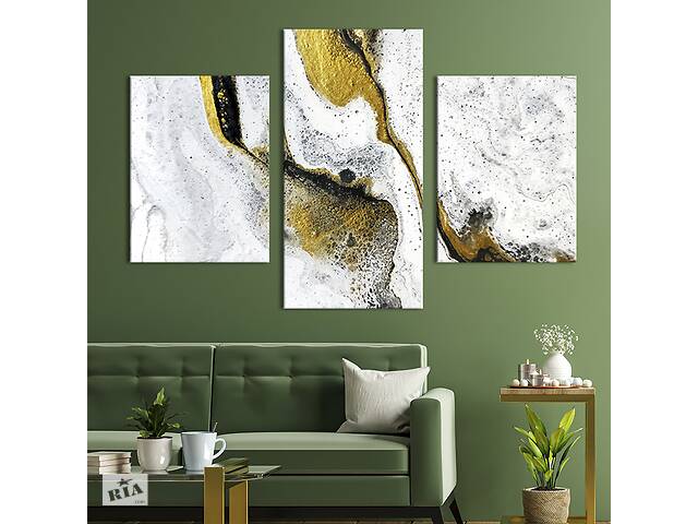 Картина на холсте KIL Art для интерьера в гостиную Белый мрамор с чёрными и золотыми потоками 141x90 см (31-32)