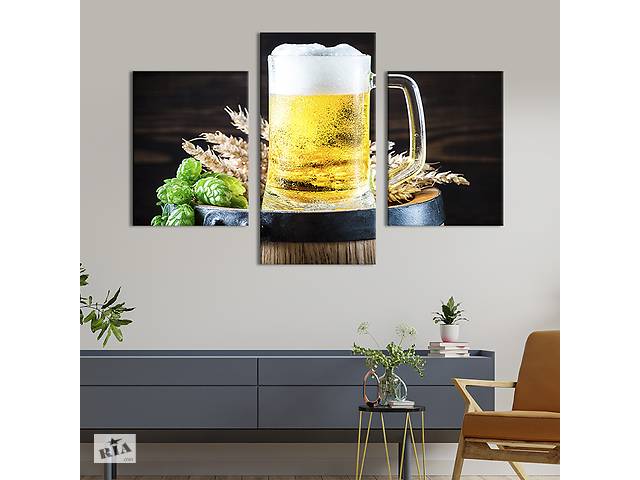 Картина на холсте KIL Art для интерьера в гостиную Бокал пива на бочке 66x40 см (289-32)