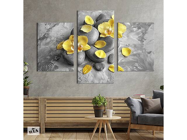 Картина на холсте KIL Art для интерьера в гостиную Лепестки жёлтой орхидеи на камнях 96x60 см (75-32)