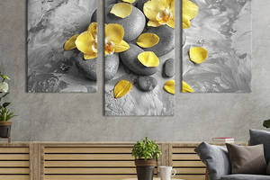 Картина на холсте KIL Art для интерьера в гостиную Лепестки жёлтой орхидеи на камнях 66x40 см (75-32)
