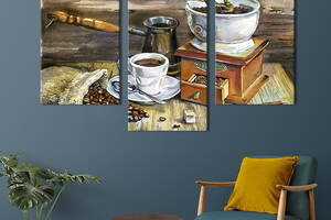 Картина на холсте KIL Art для интерьера в гостиную Мешочек с зернами кофе и кофемолка 96x60 см (299-32)