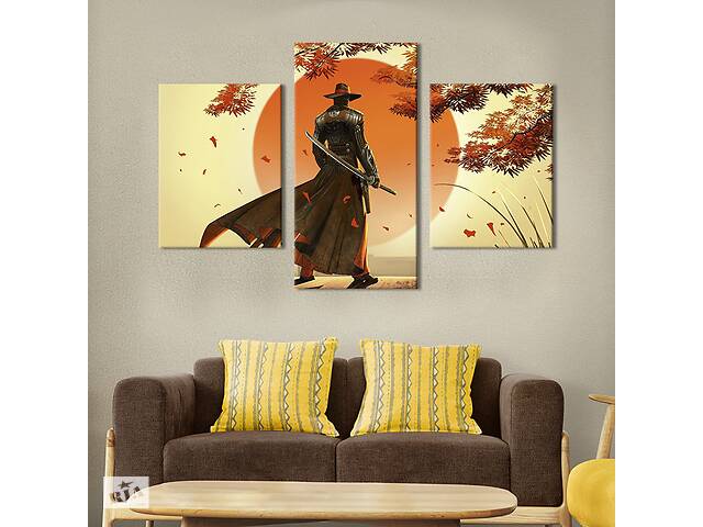 Картина на холсте KIL Art для интерьера в гостиную Самурай в шляпе и плаще 96x60 см (684-32)