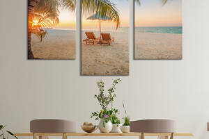 Картина на холсте KIL Art для интерьера в гостиную Шезлонги на двоих под пальмой на берегу океана 96x60 см (439-32)