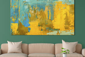 Картина на холсте KIL Art для интерьера в гостиную спальню Жёлто-голубая абстракция 80x54 см (15-1)