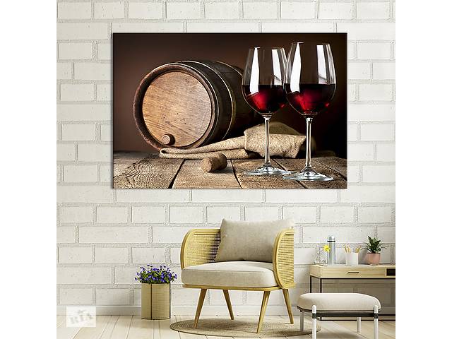Картина на холсте KIL Art для интерьера в гостиную спальню Бочка и бокалы красного вина 80x54 см (287-1)