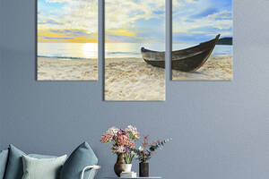 Картина на холсте KIL Art для интерьера в гостиную Старая лодка на морском песчаном берегу 141x90 см (413-32)