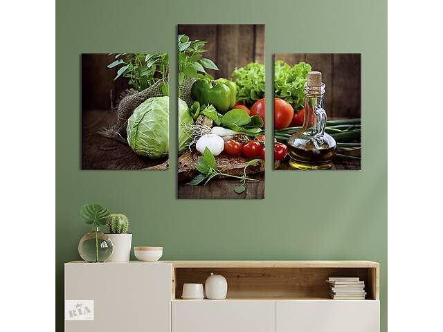 Картина на холсте KIL Art для интерьера в гостиную Свежие овощи и оливковое масло 141x90 см (279-32)