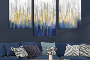 Картина на холсте KIL Art для интерьера в гостиную Золотая абстракция на сине-белом фоне 96x60 см (60-32)