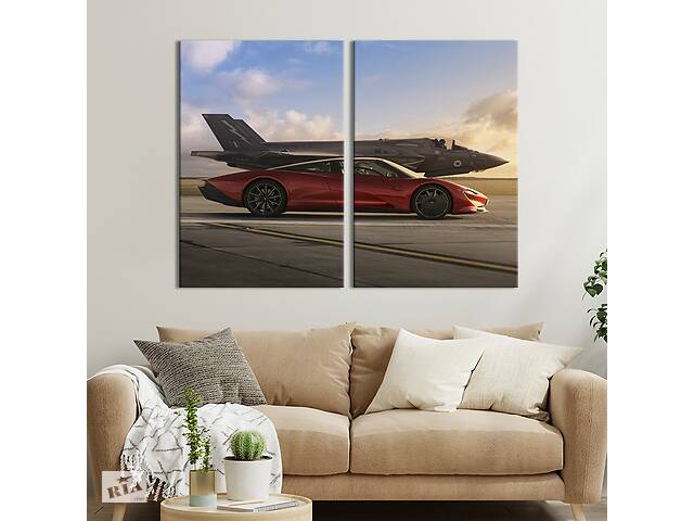 Картина на холсте KIL Art Красное авто и истребитель 165x122 см (1364-2)