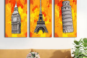 Картина на холсте KIL Art триптих Архитектура Биг Бен, Эйфеливая башня, Пизанськая башня на оранжевом фоне 128x81 см