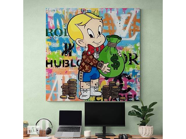 Картина на холсте Мальчик с мешком денег HolstPrint RK1254 размер 70 x 70 см