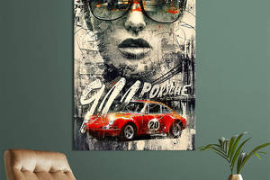 Картина в офис KIL Art Абстрактная девушка в очках с красным автомобилем Порше 80x54 см (2art_14)