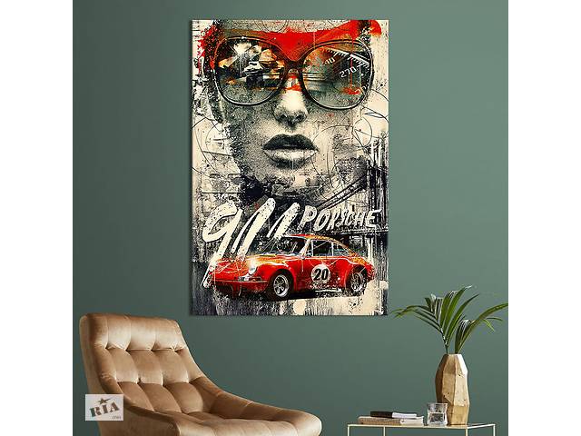Картина в офис KIL Art Абстрактная девушка в очках с красным автомобилем Порше 120x80 см (2art_14)