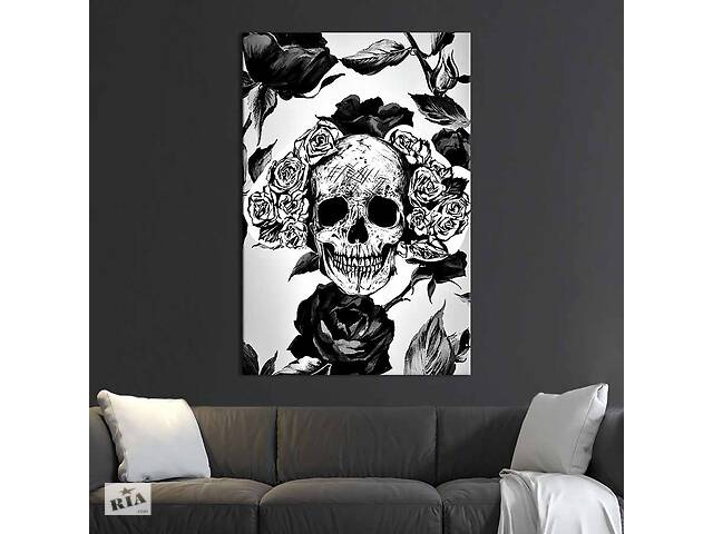 Картина в офис KIL Art Череп среди цветов в чёрно-белом цвете 80x54 см (2art_202)