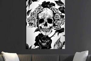 Картина в офис KIL Art Череп среди цветов в чёрно-белом цвете 120x80 см (2art_202)