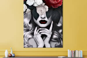 Картина в офис KIL Art Девушка с алыми губами и прекрасными цветами на голове 80x54 см (2art_18)