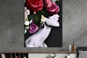 Картина в офис KIL Art Девушка с прекрасными пионами на чёрном фоне 80x54 см (2art_20)